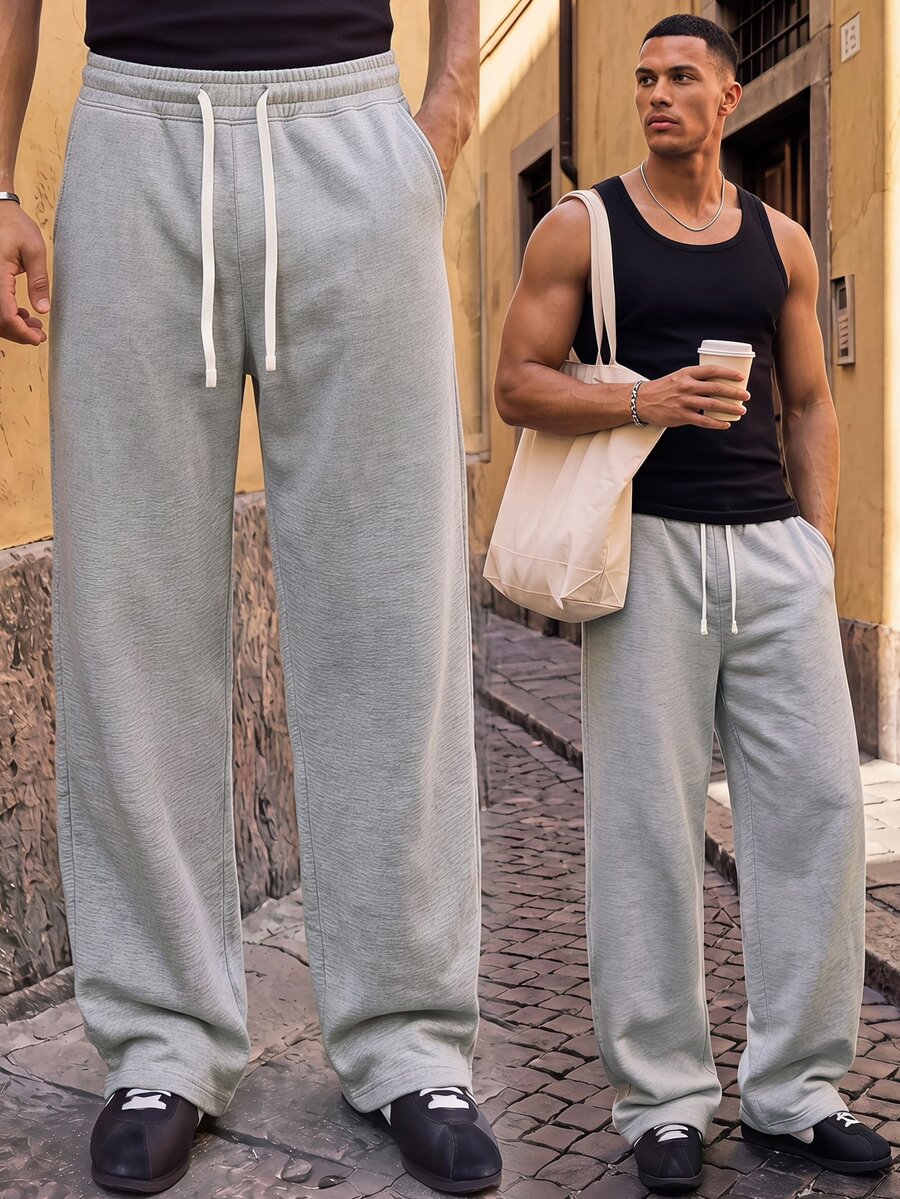 Ocevento Men Solid Light Grey Drawstring Sweatpants Elastic Waist Straight Leg Loose Fit Soft Breathable Lightweight Casual Pants , Streetwear, Baggy, Winner, Autumn - Grey - View 1