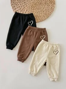 SHEIN 3件組女嬰愛心印花鬆緊腰長款冬季長褲 - 彩色 - 查看 4