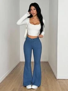 SHEIN PETITE 女款高腰休閒百搭喇叭牛仔褲秋季服飾 - 藍色 - 查看 5