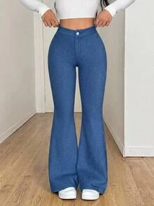 SHEIN PETITE 女款高腰休閒百搭喇叭牛仔褲秋季服飾 - 藍色 - 查看 6