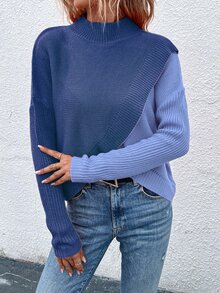 EMERY ROSE Two Tone Mock Neck Drop Shoulder Wrap Cross Asymmetrical Hem Knit Pullover Fall Winter Sweater - Multicolor - View 6