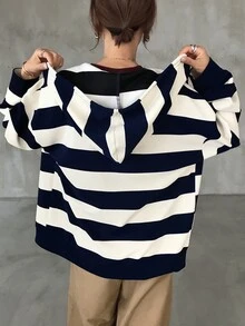 FRIFUL Women's Autumn Striped Sweatshirt Sweatshirt - Navy Blue - View 2