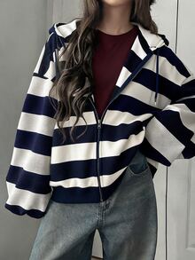 FRIFUL Women's Autumn Striped Sweatshirt Sweatshirt - Navy Blue - View 1