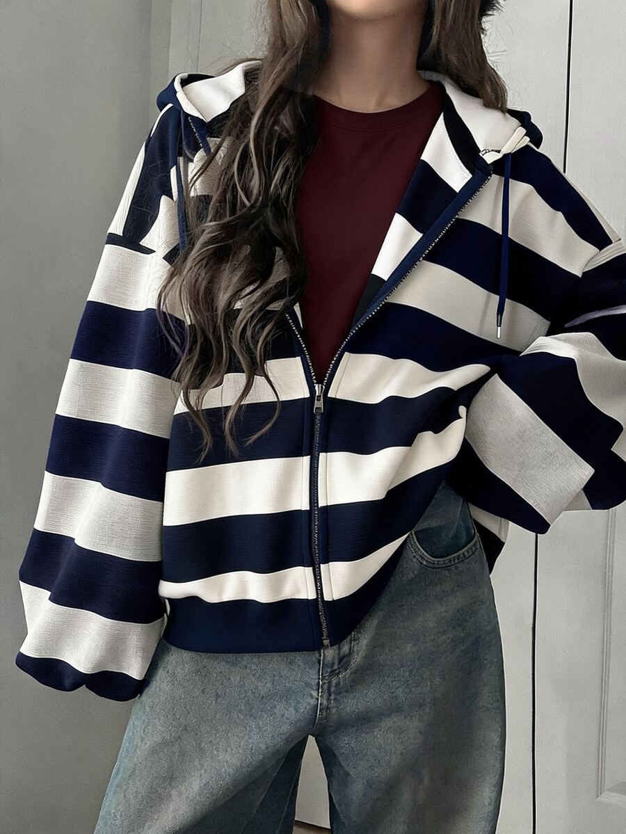 FRIFUL Women's Autumn Striped Sweatshirt Sweatshirt - Navy Blue - View 1