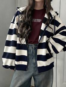 FRIFUL Women's Autumn Striped Sweatshirt Sweatshirt - Navy Blue - View 6