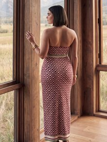 CAJUNI Plus Size Women's Geometric Print V-Neck Fitted Elegant Halter Neck Dress - Multicolor - View 2