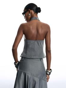 LYSMO Women's Solid Color Eyelet Design Fashion Sexy Halter Neck Tank Top - Dark Grey - View 2