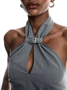 LYSMO Women's Solid Color Eyelet Design Fashion Sexy Halter Neck Tank Top - Dark Grey - View 6
