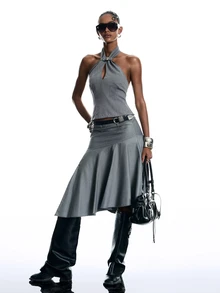 LYSMO Women's Solid Color Eyelet Design Fashion Sexy Halter Neck Tank Top - Dark Grey - View 8