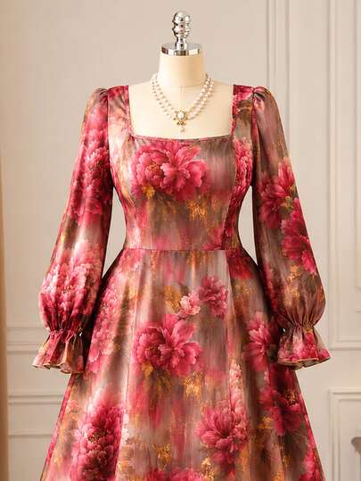Rometta Vestido largo para mujer de talla grande, estilo vintage francés elegante, con degradado, estampado floral grande, cuello cuadrado y mangas abullonadas, adecuado para citas, ocasiones formales y fiestas, vestido de otoño/invierno