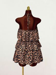 SaltGleam SaltGleam Women's Leopard Print Halter Neck Dress, Sexy Cold Shoulder Multi-Layer Ruffle Cake Skirt Mini Dress, Daily Wear Club, Party, Beige Summer - Multicolor - View 3
