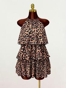 SaltGleam SaltGleam Women's Leopard Print Halter Neck Dress, Sexy Cold Shoulder Multi-Layer Ruffle Cake Skirt Mini Dress, Daily Wear Club, Party, Beige Summer - Multicolor - View 4