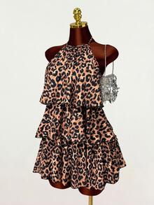SaltGleam SaltGleam Women's Leopard Print Halter Neck Dress, Sexy Cold Shoulder Multi-Layer Ruffle Cake Skirt Mini Dress, Daily Wear Club, Party, Beige Summer - Multicolor - View 2