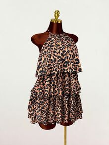 SaltGleam SaltGleam Women's Leopard Print Halter Neck Dress, Sexy Cold Shoulder Multi-Layer Ruffle Cake Skirt Mini Dress, Daily Wear Club, Party, Beige Summer - Multicolor - View 5
