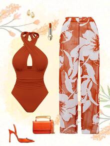 Swim Oasis New Arrival Solid Color Hollow Cross Halter One-Piece Swimsuit With Printed Cover-Up Skirt Beach Set For Women - Orange - View 1