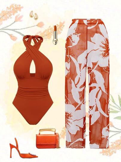 Swim Oasis New Arrival Solid Color Hollow Cross Halter One-Piece Swimsuit With Printed Cover-Up Skirt Beach Set For Women