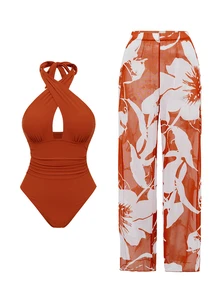 Swim Oasis New Arrival Solid Color Hollow Cross Halter One-Piece Swimsuit With Printed Cover-Up Skirt Beach Set For Women - Orange - View 3