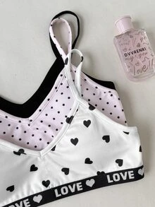 SHEIN Kids Tween Girls 3pcs Minimalist Comfortable Solid Color V-Neck Padded Cotton Strapless Bra Set Polka Dot Heart All Season - Multicolor - View 5