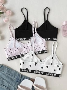 SHEIN Kids Tween Girls 3pcs Minimalist Comfortable Solid Color V-Neck Padded Cotton Strapless Bra Set Polka Dot Heart All Season - Multicolor - View 4