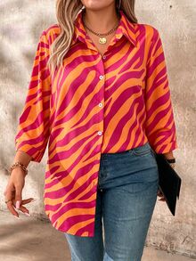 EMERY ROSE 大尺碼女款全印花休閒日常穿著襯衫 秋季 - 橘色 - 查看 5