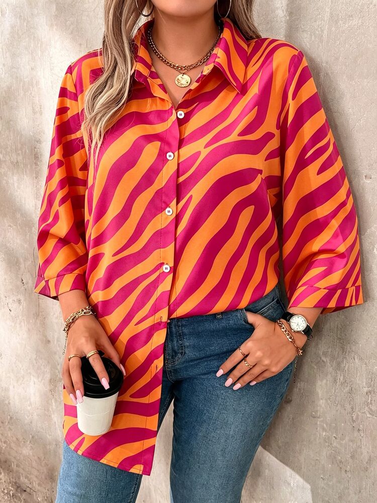 EMERY ROSE Plus Size Women's All-Over Print Casual Daily Wear Shirt Fall - Orange - View 6
