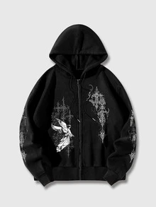 ROMWE MEN Street Life Men's Plus Size Cross & Angel Print Hoodie - Black - View 3