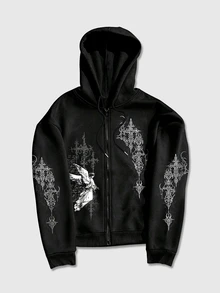ROMWE MEN Street Life Men's Plus Size Cross & Angel Print Hoodie - Black - View 1