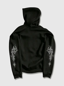 ROMWE MEN Street Life Men's Plus Size Cross & Angel Print Hoodie - Black - View 4