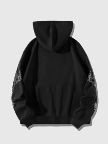 ROMWE MEN Street Life Men's Plus Size Cross & Angel Print Hoodie - Black - View 2