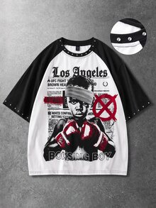 ROMWE MEN Street Life Men's Slogan & Character Print Raglan Short Sleeve Casual T-Shirt - White - View 6