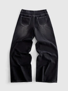 ROMWE MEN Goth Men's Loose Fit Denim Jeans With Metal Buckle And Printed Pattern - Black - View 2