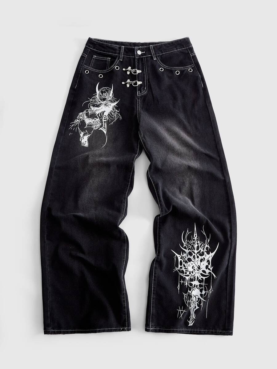 ROMWE MEN Goth Men's Loose Fit Denim Jeans With Metal Buckle And Printed Pattern - Black - View 1