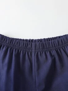 Elladie kids 女童蝴蝶結套裝，長袖上衣，秋冬季，白色拼色長袖褲，附3D蝴蝶結下擺與定位印花 - 藏蓝色 - 查看 9