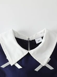 Elladie kids 女童蝴蝶結套裝，長袖上衣，秋冬季，白色拼色長袖褲，附3D蝴蝶結下擺與定位印花 - 藏蓝色 - 查看 5
