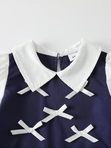 Elladie kids 女童蝴蝶結套裝，長袖上衣，秋冬季，白色拼色長袖褲，附3D蝴蝶結下擺與定位印花 - 藏蓝色 - 查看 4