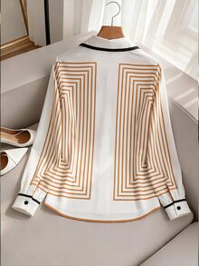 SHEIN Franclia Women's Colorblock Single-Breasted Casual Elegant Daily Wear Shirt Teachers' Day Office Work Orange And White Autumn,Halloween,Fall Clothes For Women - Orange - View 2