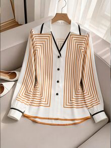 SHEIN Franclia Women's Colorblock Single-Breasted Casual Elegant Daily Wear Shirt Teachers' Day Office Work Orange And White Autumn,Halloween,Fall Clothes For Women - Orange - View 3