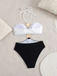 SHEIN Swim 女士海滩音乐节春夏黑白拼色露背金属首饰时尚优雅连体泳衣 - 黑與白 - 查看 2