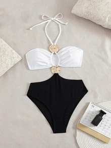 SHEIN Swim 女士海滩音乐节春夏黑白拼色露背金属首饰时尚优雅连体泳衣 - 黑與白 - 查看 6