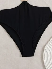 SHEIN Swim 女士海滩音乐节春夏黑白拼色露背金属首饰时尚优雅连体泳衣 - 黑與白 - 查看 4