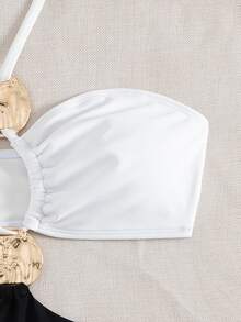 SHEIN Swim 女士海滩音乐节春夏黑白拼色露背金属首饰时尚优雅连体泳衣 - 黑與白 - 查看 3