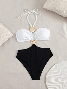 SHEIN Swim 女士海滩音乐节春夏黑白拼色露背金属首饰时尚优雅连体泳衣 - 黑與白 - 查看 5