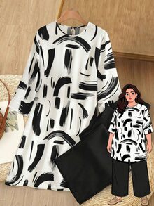 Rusticease Plus Size Black And White Abstract Print V-Neck Shirt And Pants 2pcs Set Autumn Vacation Traditional Soft Form Elegant Hawaii Club Women - Multicolor - View 10