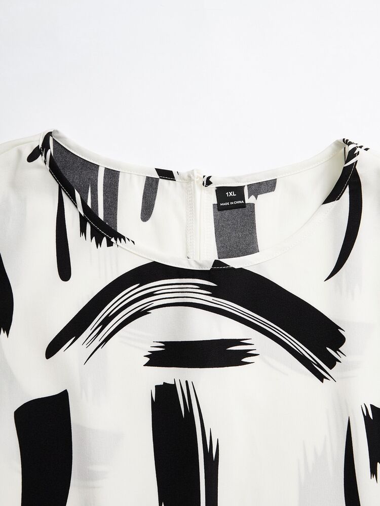 Rusticease Plus Size Black And White Abstract Print V-Neck Shirt And Pants 2pcs Set Autumn Vacation Traditional Soft Form Elegant Hawaii Club Women - Multicolor - View 4