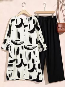 Rusticease Plus Size Black And White Abstract Print V-Neck Shirt And Pants 2pcs Set Autumn Vacation Traditional Soft Form Elegant Hawaii Club Women - Multicolor - View 2