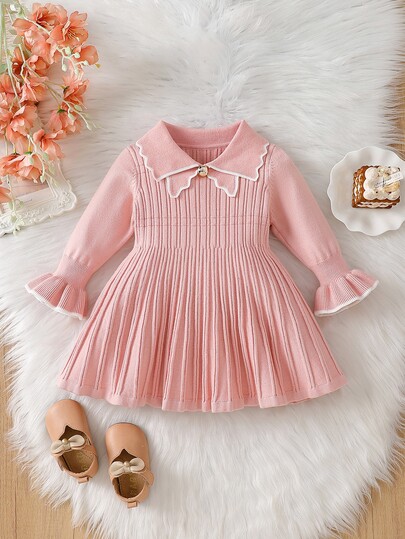 SHEIN Girls Pink Knit Pleated Dress, Soft Cozy Feel, Long Sleeve Peter Pan Collar, Elegant Sweet Princess Style, Toddler Kids, Soft Comfortable, Cozy Warm