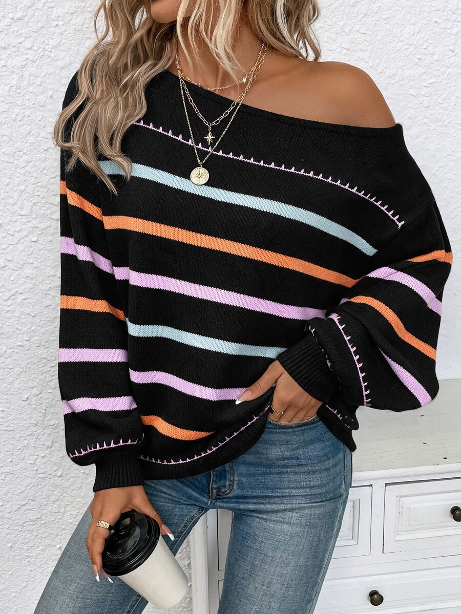 EMERY ROSE Plus Size Striped One Shoulder Batwing 3/4 Sleeve Loose Pullover Sweater Fall Winter 2026 - Multicolor - View 1