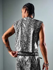 ROMWE MEN Street Life Men's Snake Print Zipper Placket Casual Vest - White - View 2