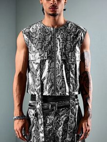 ROMWE MEN Street Life Men's Snake Print Zipper Placket Casual Vest - White - View 7