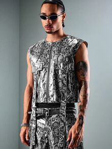 ROMWE MEN Street Life Men's Snake Print Zipper Placket Casual Vest - White - View 3